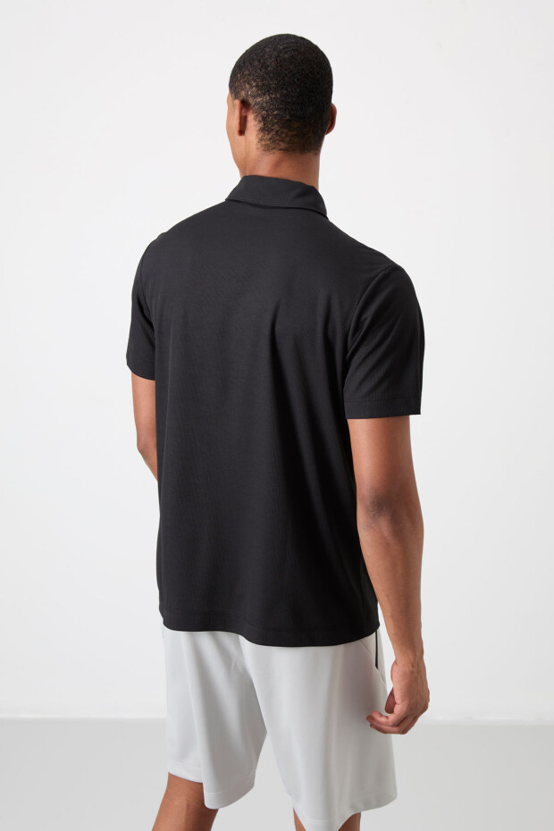 Siyah Nefes Alan Dokulu İnce Esnek Standart Fit Polo Yaka Erkek Performans T-Shirt - 88392 - 6