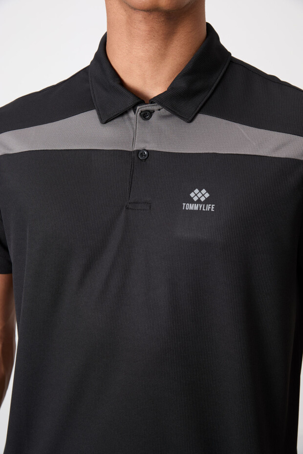 Siyah Nefes Alan Dokulu İnce Esnek Standart Fit Polo Yaka Erkek Performans T-Shirt - 88392 - 3
