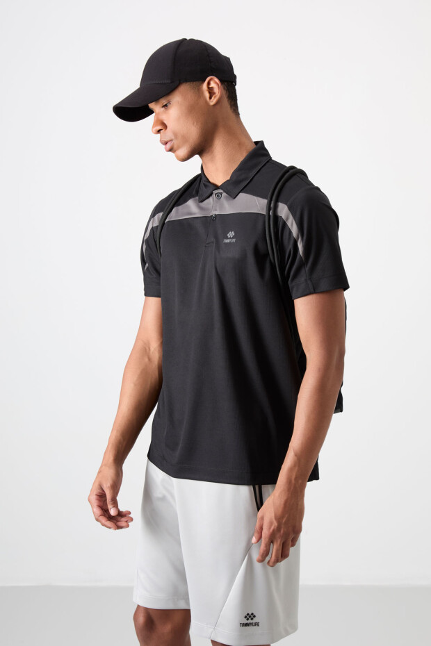 Siyah Nefes Alan Dokulu İnce Esnek Standart Fit Polo Yaka Erkek Performans T-Shirt - 88392 - 5