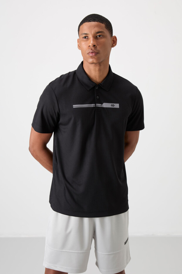 Siyah Polyester Nefes Alan Dokulu İnce Esnek Standart Fit Polo Yaka Erkek Performans T-Shirt - 88393