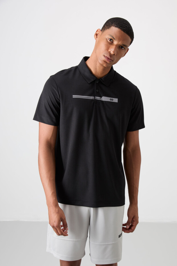 Siyah Nefes Alan Dokulu İnce Esnek Standart Fit Polo Yaka Erkek Performans T-Shirt - 88393 - 6