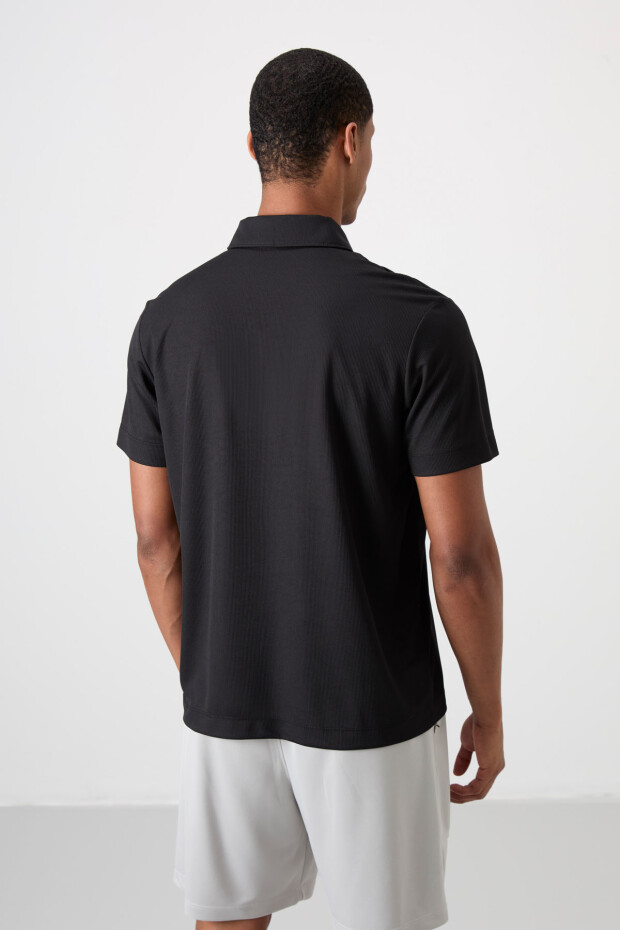 Siyah Nefes Alan Dokulu İnce Esnek Standart Fit Polo Yaka Erkek Performans T-Shirt - 88393 - 7