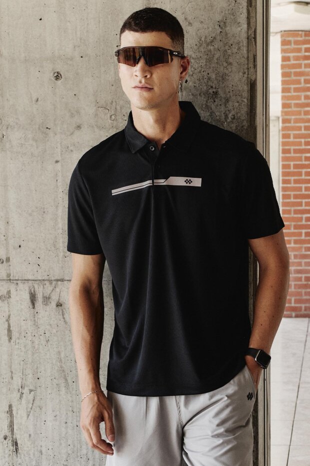 Siyah Nefes Alan Dokulu İnce Esnek Standart Fit Polo Yaka Erkek Performans T-Shirt - 88393 - 1