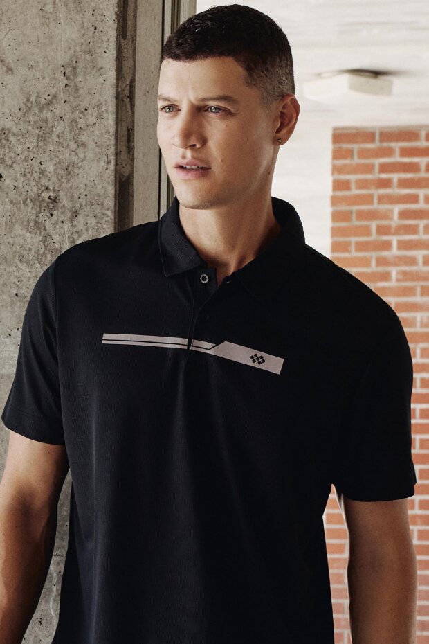 Siyah Nefes Alan Dokulu İnce Esnek Standart Fit Polo Yaka Erkek Performans T-Shirt - 88393 - 2
