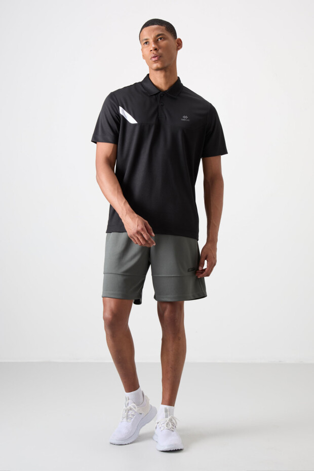 Siyah Polyester Nefes Alan Dokulu İnce Esnek Standart Fit Polo Yaka Erkek Performans T-Shirt - 88402