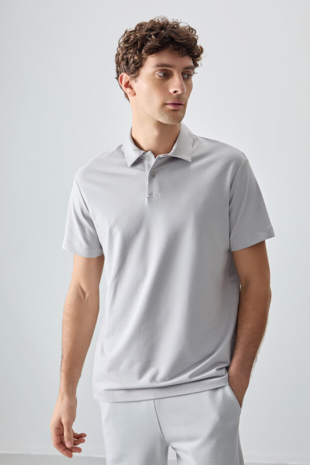 Taş Pamuklu Kalın Yumuşak Dokulu Polo Yaka Oversize Fit Basic Erkek T- Shirt - 88381 - 1