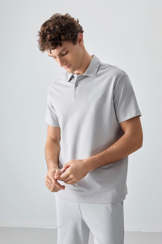 Taş Pamuklu Kalın Yumuşak Dokulu Polo Yaka Oversize Fit Basic Erkek T- Shirt - 88381 - 4