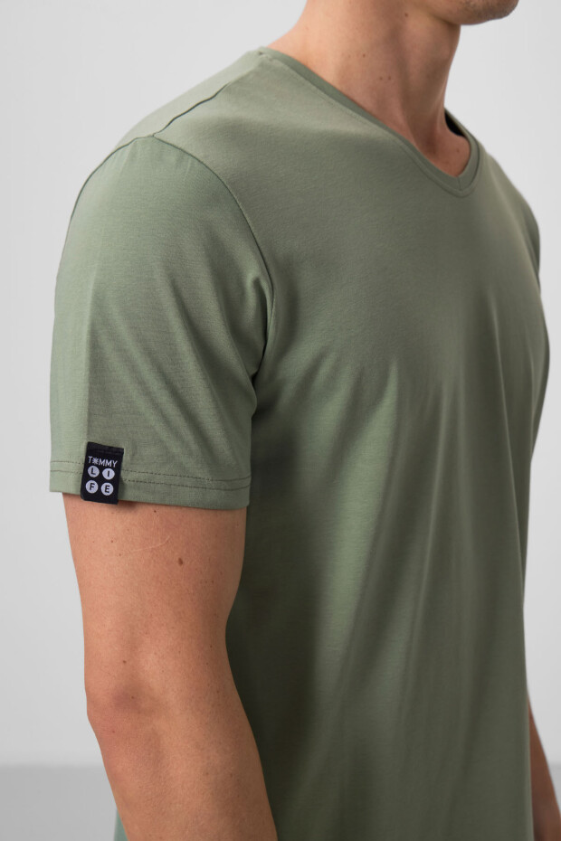 Açık Yeşil Basic Kısa Kol Standart Kalıp V Yaka Erkek T-Shirt - 87912 - 4