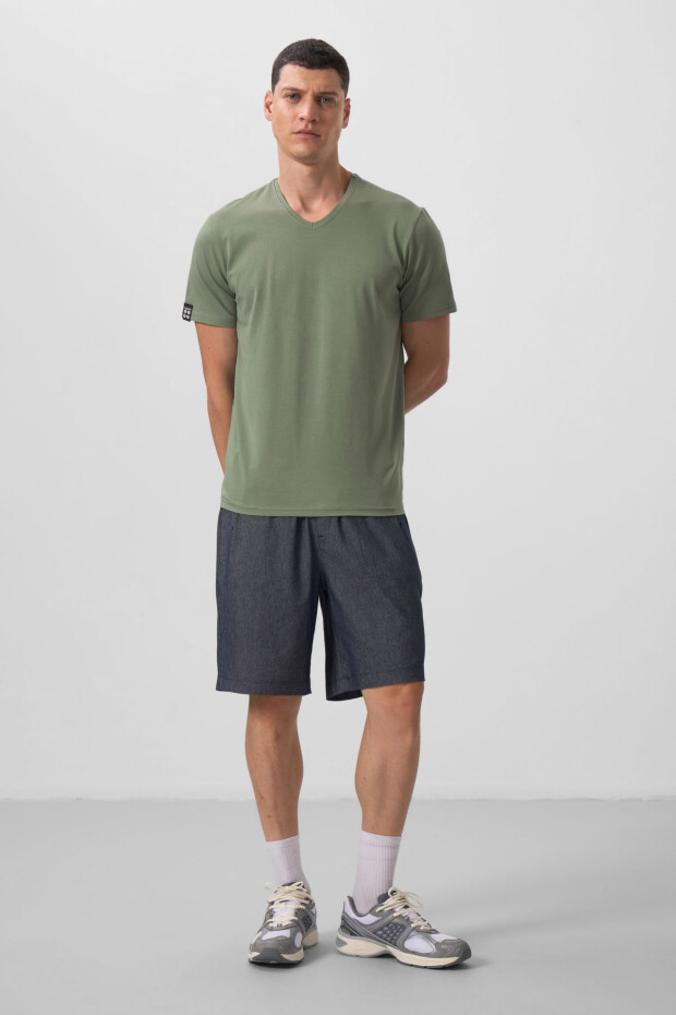 Açık Yeşil Basic Kısa Kol Standart Kalıp V Yaka Erkek T-Shirt - 87912 - 3