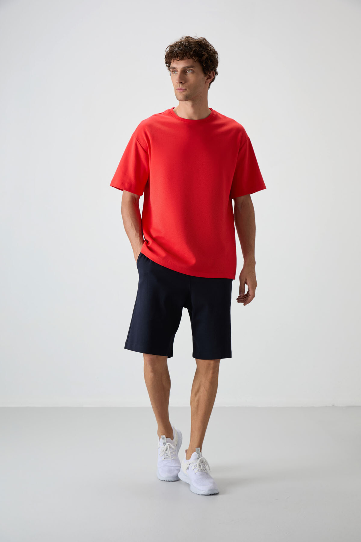 Fiesta - Lacivert Pamuklu Kalın Yumuşak Dokulu Oversize Fit Basic Erkek Şort Takım - 85249 - Air Jones