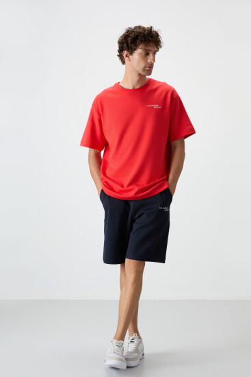 Fiesta - Lacivert Pamuklu Kalın Yumuşak Dokulu Oversize Fit Nakışlı Erkek Şort Takım - 85250 