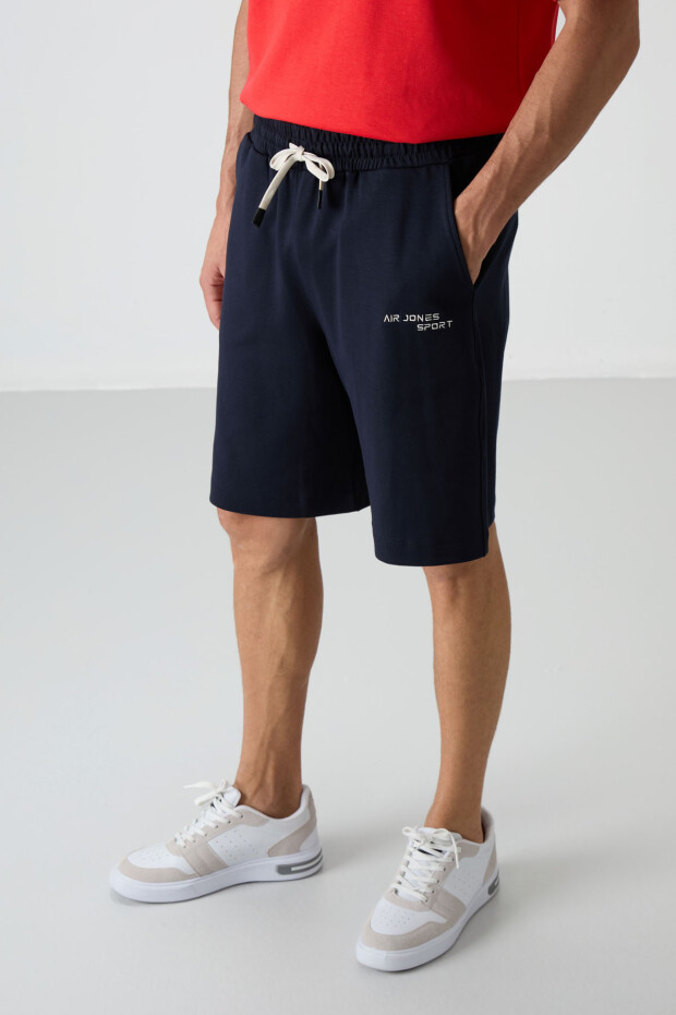 Fiesta - Lacivert Pamuklu Kalın Yumuşak Dokulu Oversize Fit Nakışlı Erkek Şort Takım - 85250 - 4