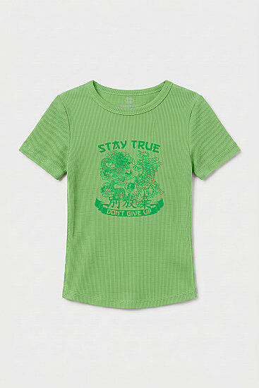 Fıstık Yeşili Standart Fit Baskılı Kısa Kollu Kadın T-Shirt - 97201 