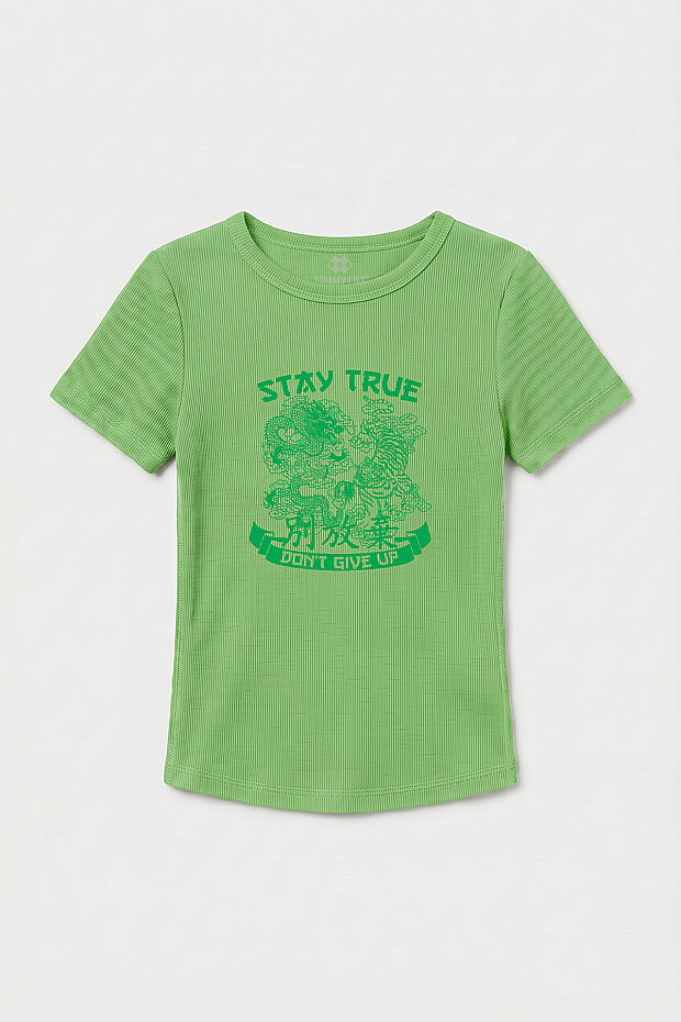 Fıstık Yeşili Standart Fit Baskılı Kısa Kollu Kadın T-Shirt - 97201 - 1