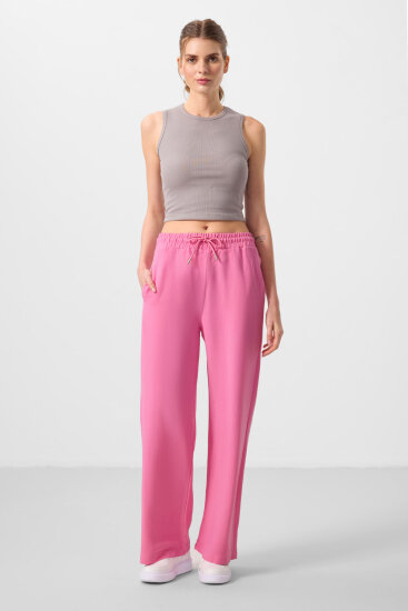 Fuşya Keten Geniş Paça Rahat Form Kadın Palazzo Pantolon - 94675 - TOMMYLIFE (1)