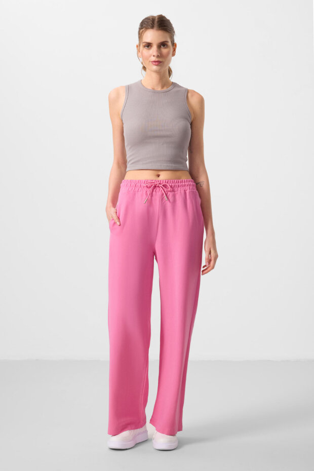 Fuşya Keten Geniş Paça Rahat Form Kadın Palazzo Pantolon - 94675 - 2