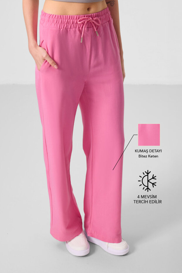 Fuşya Keten Geniş Paça Rahat Form Kadın Palazzo Pantolon - 94675 - 1