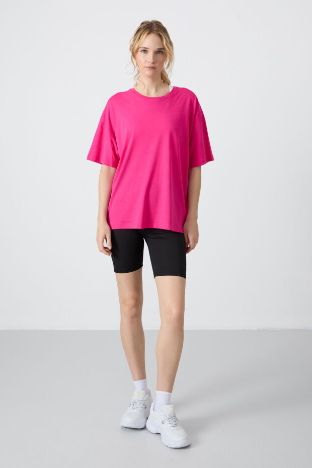 Fuşya Penye Modal Yumuşak Tuşeli Oversize Fit Basic Kadın T-Shirt- 97285 - 4
