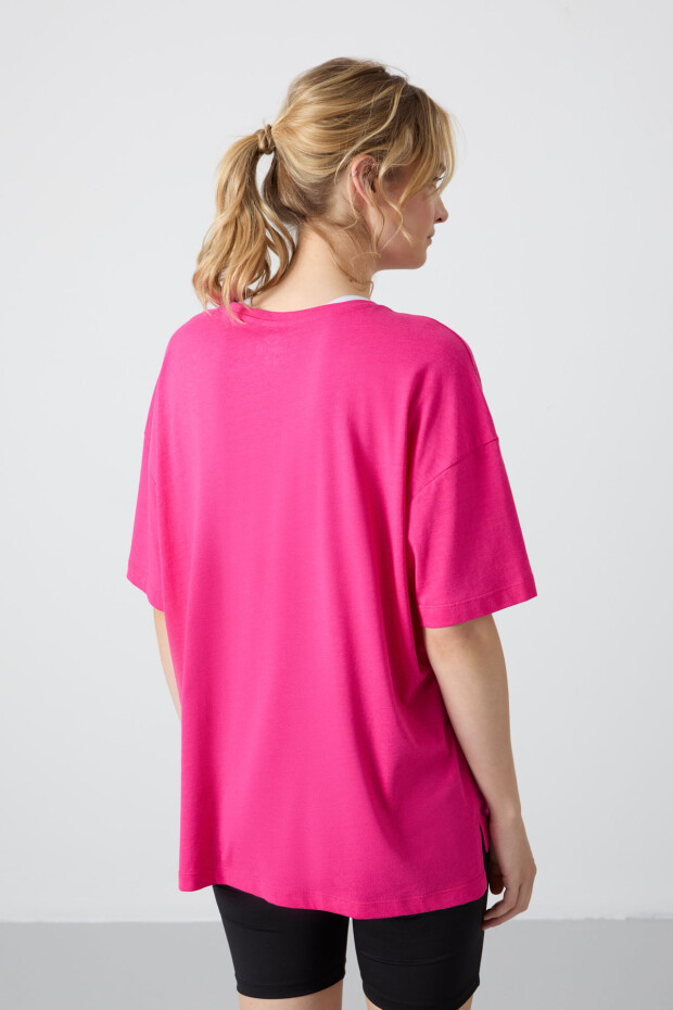 Fuşya Penye Modal Yumuşak Tuşeli Oversize Fit Basic Kadın T-Shirt- 97285 - 7