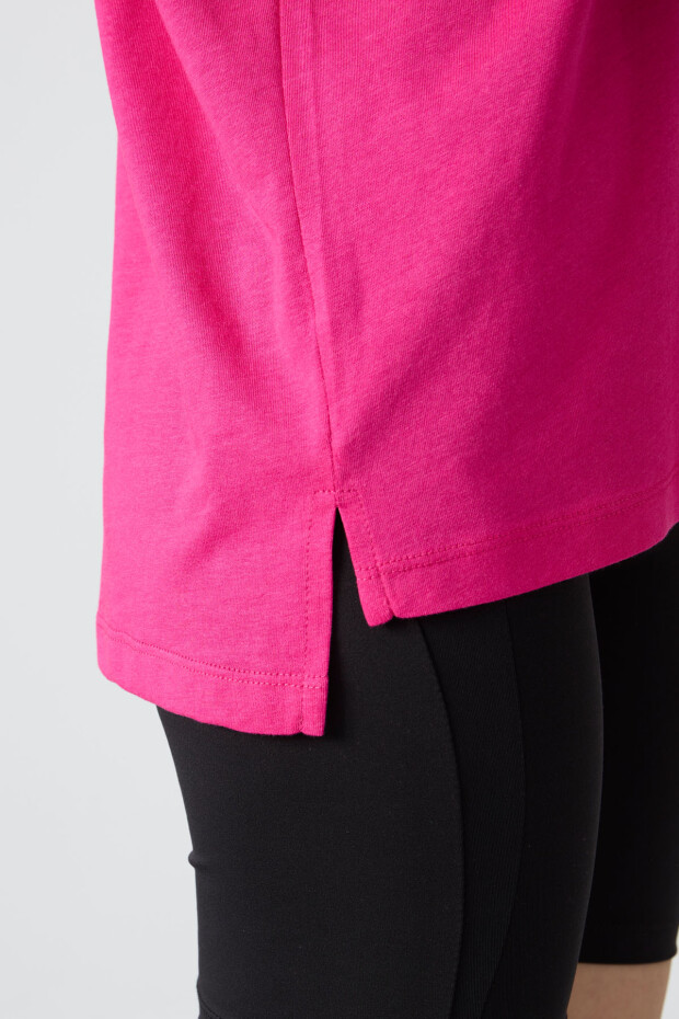 Fuşya Penye Modal Yumuşak Tuşeli Oversize Fit Basic Kadın T-Shirt- 97285 - 5