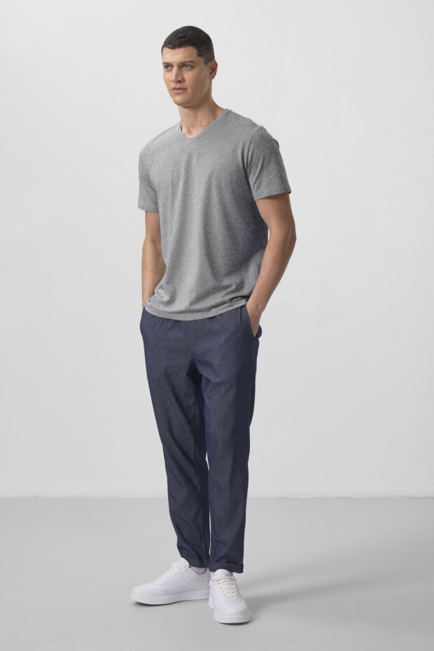 Gri Melanj Basic Kısa Kol Standart Kalıp V Yaka Erkek T-Shirt - 87912 - 2