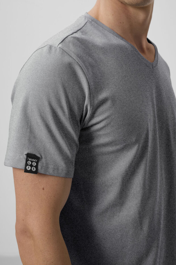 Gri Melanj Basic Kısa Kol Standart Kalıp V Yaka Erkek T-Shirt - 87912 - 5