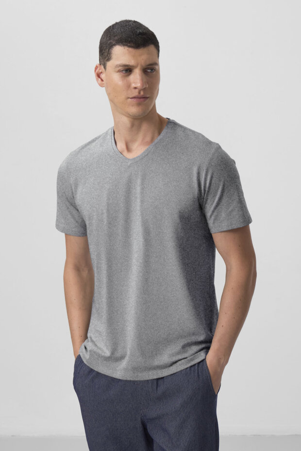 Gri Melanj Basic Kısa Kol Standart Kalıp V Yaka Erkek T-Shirt - 87912 - 4