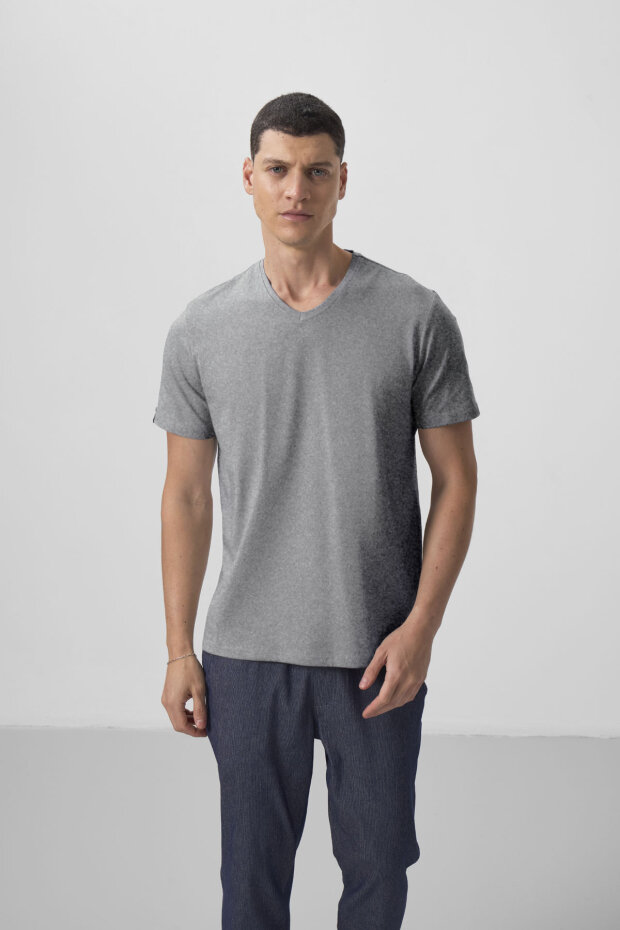 Gri Melanj Basic Kısa Kol Standart Kalıp V Yaka Erkek T-Shirt - 87912 - 2