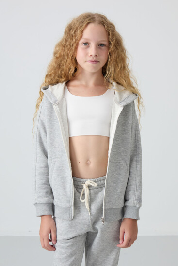 Gri Melanj Pamuklu İçi Tüylü Yumuşak Dokulu Standart Fit Nakışlı Kız Çocuk Eşofman Takım - 75148 - TOMMYLIFE (1)