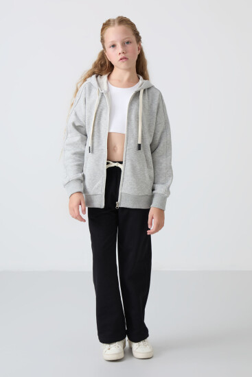 Gri Melanj Pamuklu İçi Tüylü Yumuşak Dokulu Standart Fit Nakışlı Kız Çocuk Sweatshirt - 75149 - TOMMYLIFE (1)