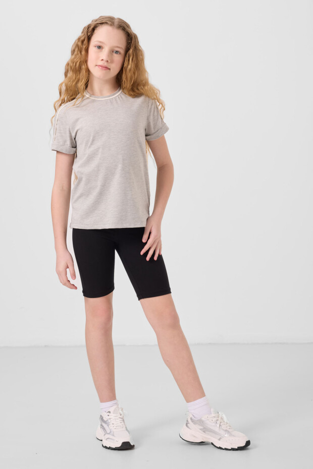 Gri Melanj Pamuklu O Yaka Standart Fit Basic Kız Çocuk T-Shirt - 75177 - 2