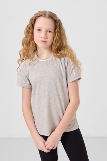 Gri Melanj Pamuklu O Yaka Standart Fit Basic Kız Çocuk T-Shirt - 75177 