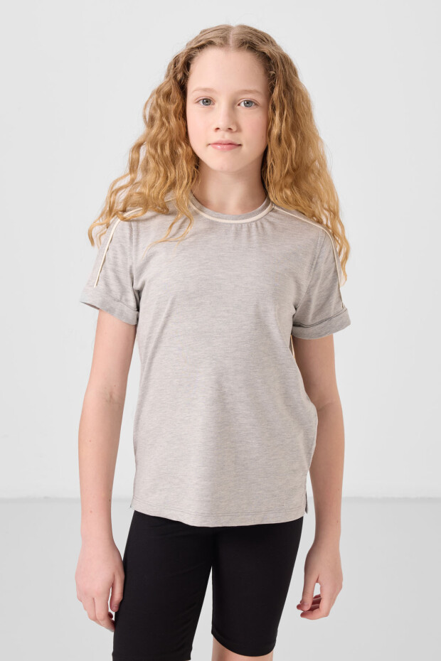 Gri Melanj Pamuklu O Yaka Standart Fit Basic Kız Çocuk T-Shirt - 75177 - 3