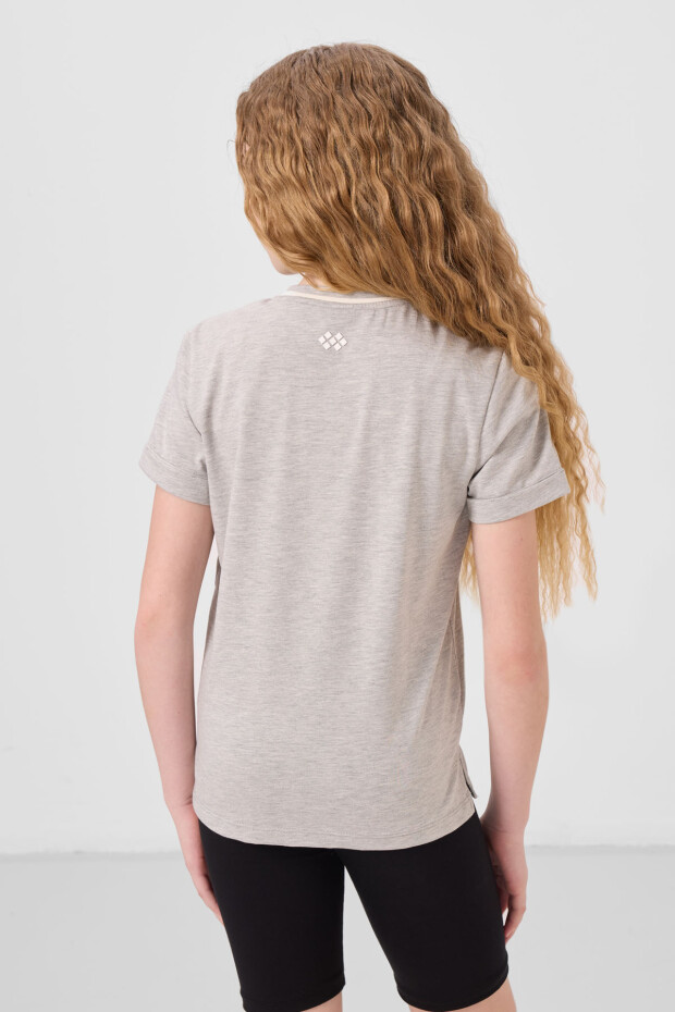 Gri Melanj Pamuklu O Yaka Standart Fit Basic Kız Çocuk T-Shirt - 75177 - 5