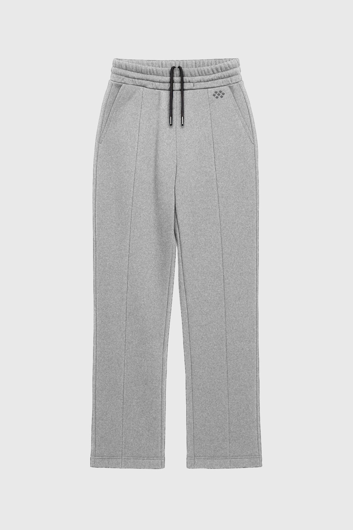 Gri Melanj Geniş Paça Ön Dikiş Detaylı Battal Büyük Beden Kadın Eşofman Altı - 94654 - TOMMYLIFE (1)