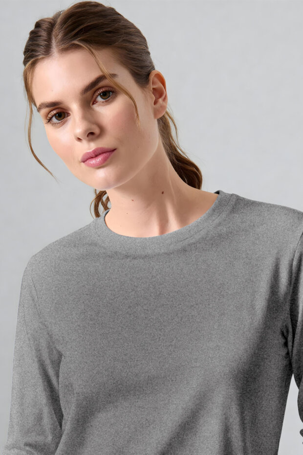 Gri Melanj O Yaka Standart Fit Uzun Kollu Basic Kadın T-Shirt - 97312 - 3