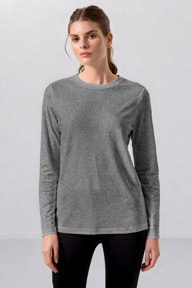 Gri Melanj O Yaka Standart Fit Uzun Kollu Basic Kadın T-Shirt - 97312 - 2