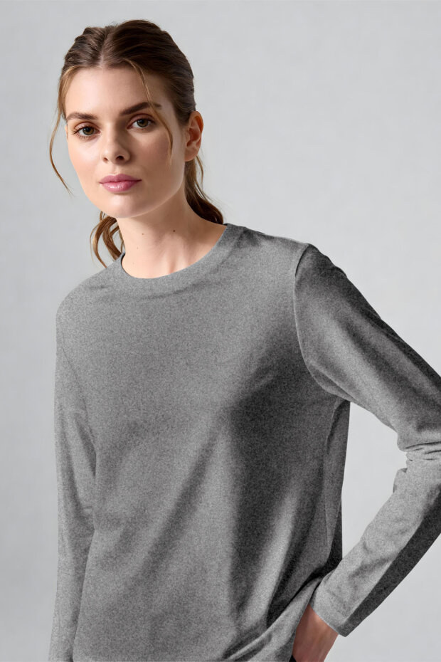 Gri Melanj O Yaka Standart Fit Uzun Kollu Basic Kadın T-Shirt - 97312 - 4