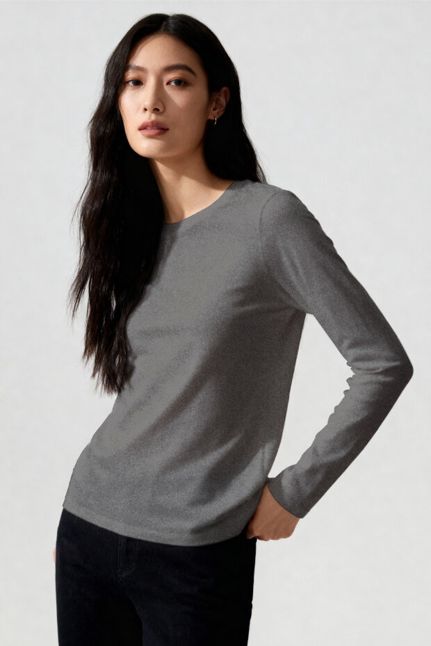 Gri Melanj O Yaka Slim Fit Uzun Kollu Basic Kadın T-Shirt - 97312 - 2