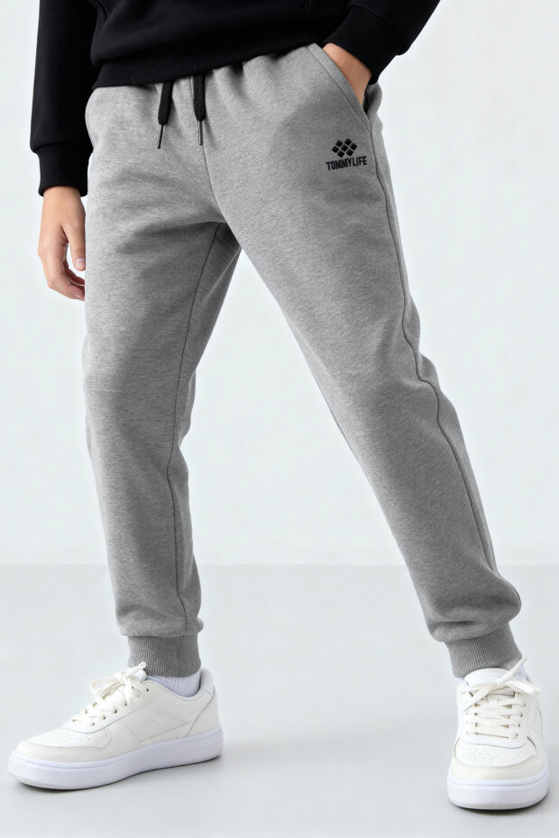 Gri Melanj Standart Fit Manşetli İnce Erkek Çocuk Eşofman Alt - 11205 - 2