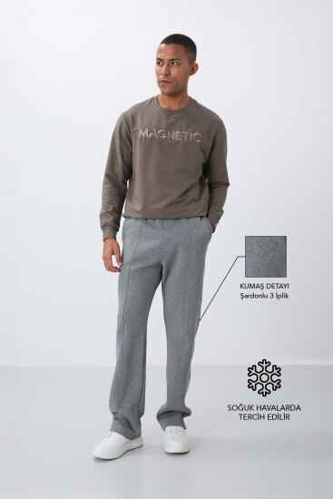 Gri Melanj Pamuklu Kalın İçi Tüylü Yumuşak Dokulu Oversize Nakışlı Erkek Eşofman Altı -82146 