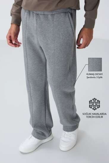 Gri Melanj Pamuklu Kalın İçi Tüylü Yumuşak Dokulu Oversize Nakışlı Erkek Eşofman Altı -82146 - TOMMYLIFE