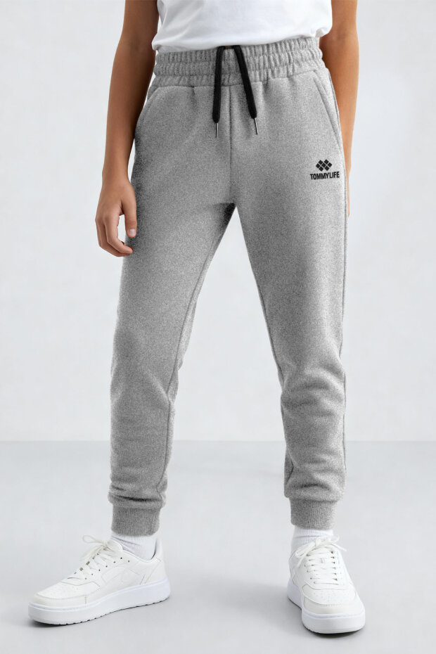 Gri Melanj Standart Fit Manşetli İnce Erkek Çocuk Eşofman Alt - 11062 - 3