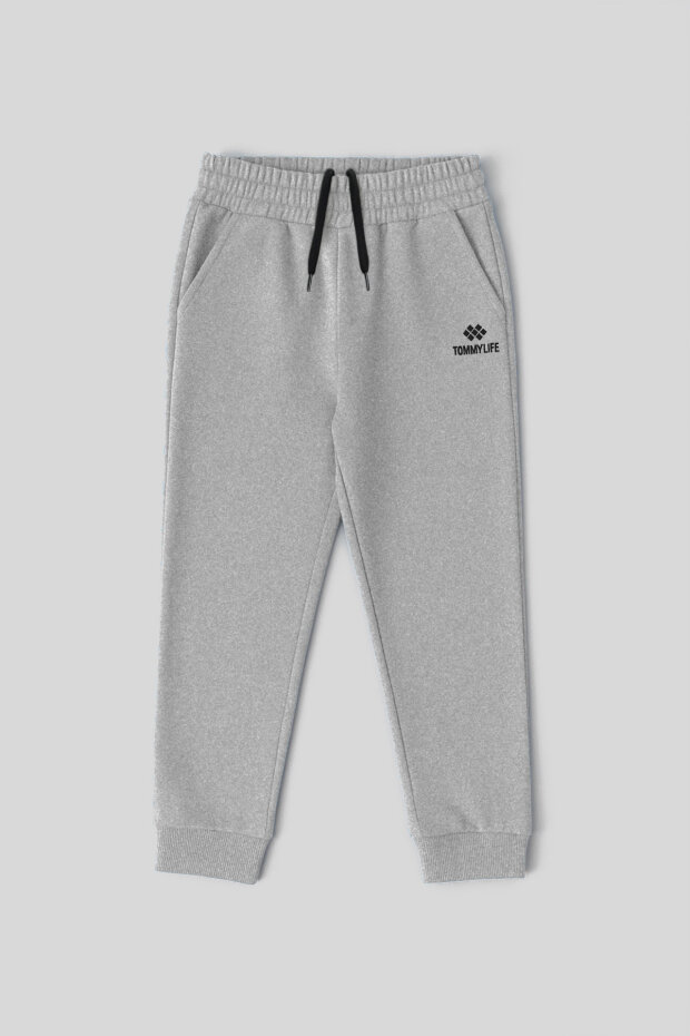 Gri Melanj Standart Fit Manşetli İnce Erkek Çocuk Eşofman Alt - 11062 - 1