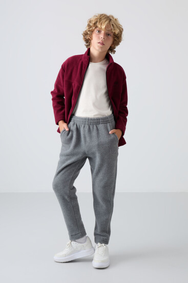 Gri Melanj Kalın Yumuşak Dokulu Standart Fit Nakışlı Polar Erkek Çocuk Eşofman Alt - 11219 - TOMMYLIFE