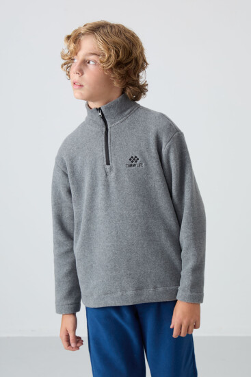 Gri Melanj Kalın Yumuşak Dokulu Standart Fit Nakışlı Polar Erkek Çocuk Sweatshirt - 11221 