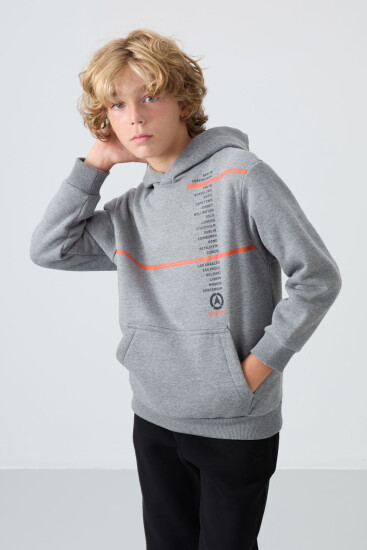 Gri Melanj Pamuklu Kalın İçi Tüylü Yumuşak Dokulu Standart Fit Baskılı Erkek Çocuk Sweatshirt - 11239 