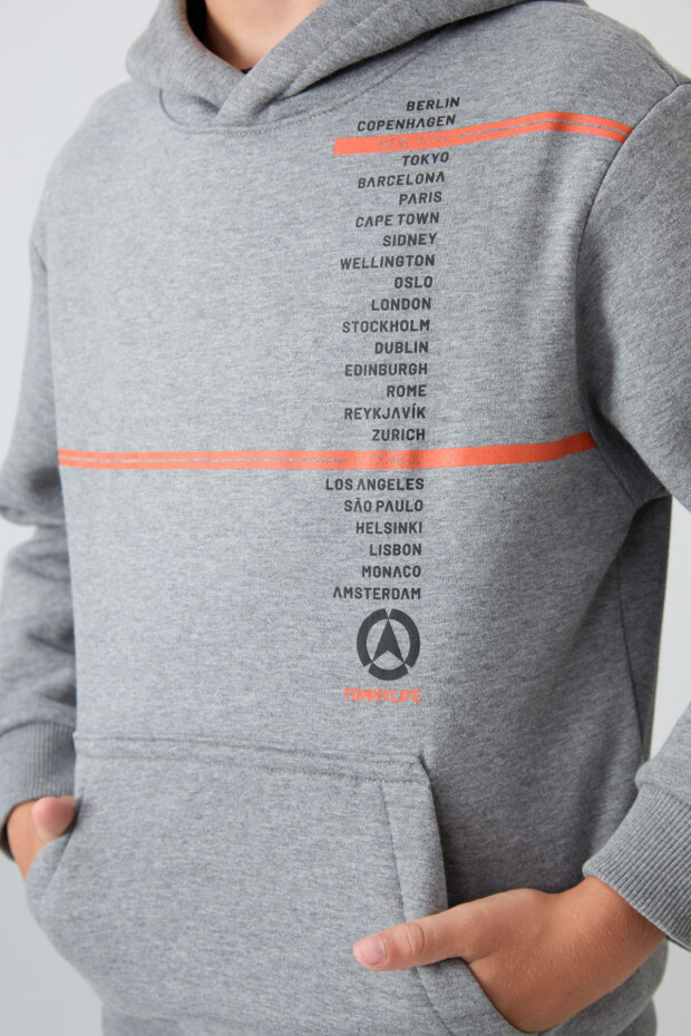 Gri Melanj Pamuklu Kalın İçi Tüylü Yumuşak Dokulu Standart Fit Baskılı Erkek Çocuk Sweatshirt - 11239