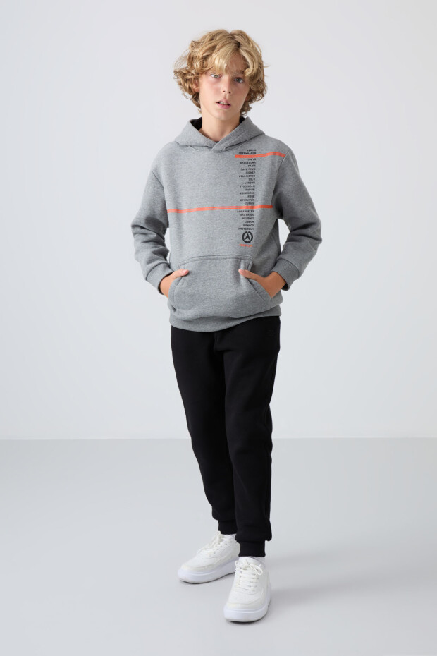 Gri Melanj Pamuklu Kalın İçi Tüylü Yumuşak Dokulu Standart Fit Baskılı Erkek Çocuk Sweatshirt - 11239