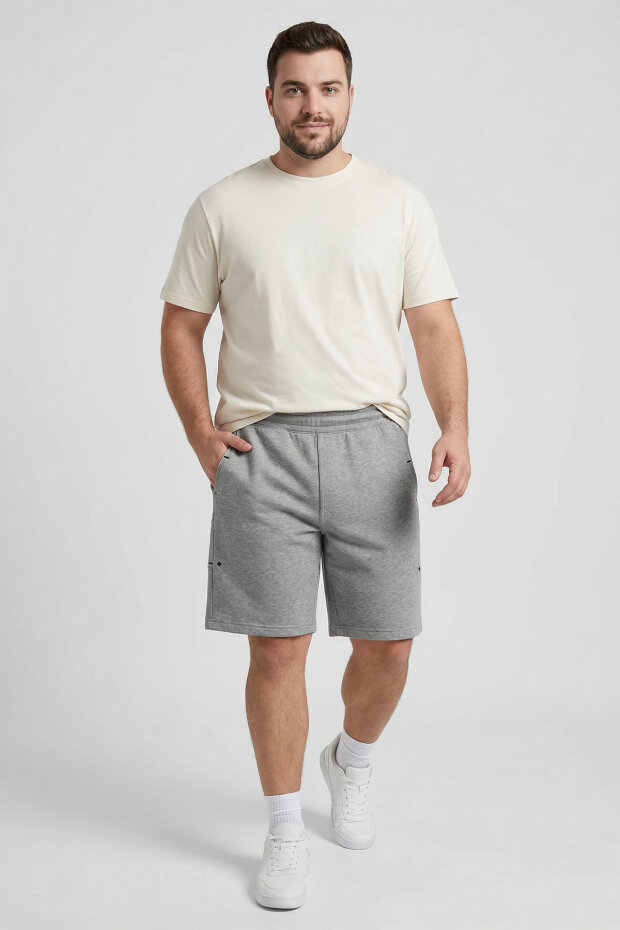 Gri Melanj Rahat Form Bağcıklı Cep Detaylı Battal Büyük Beden Erkek Şort - 81297 - 2